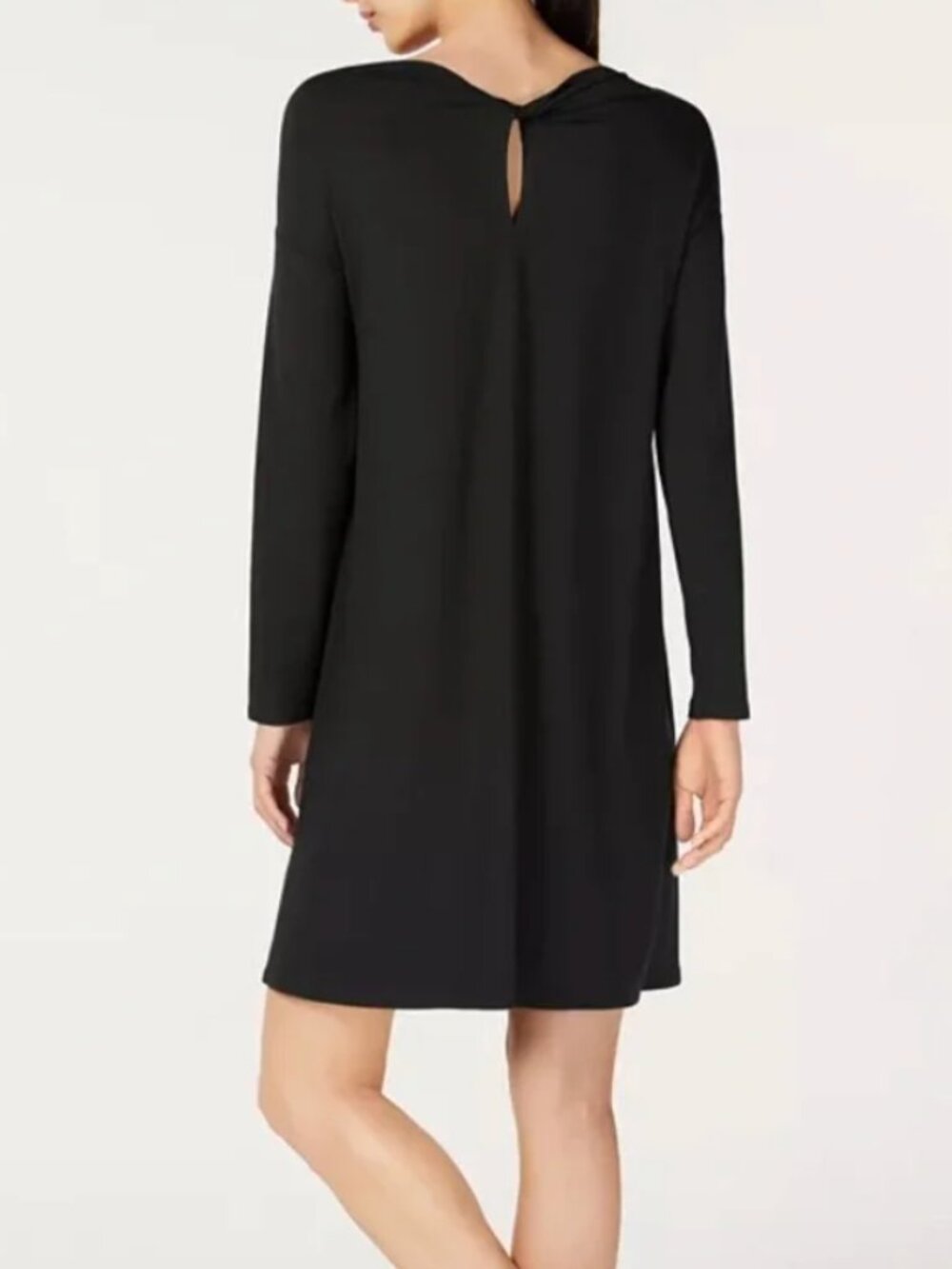 Eileen Fisher Black Jersey Dress PP Petite Bateau Neck Twist Back Long Sleeve